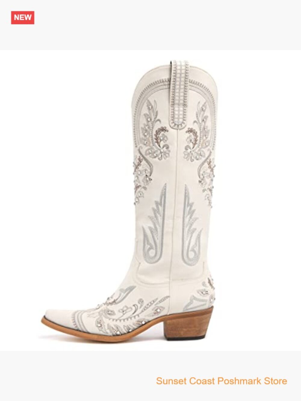 Embroidered Rhinestone Cowboy Boots Knee High Cowgirl Pointed Toe Chunky Heel - Picture 2 of 7